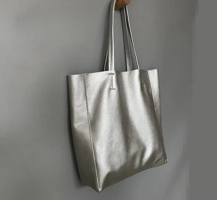 Fashion Womens Silver Leather Oversize Tote Bag Silver Shoulder Tote Bag Silver Handbag Tote For Women