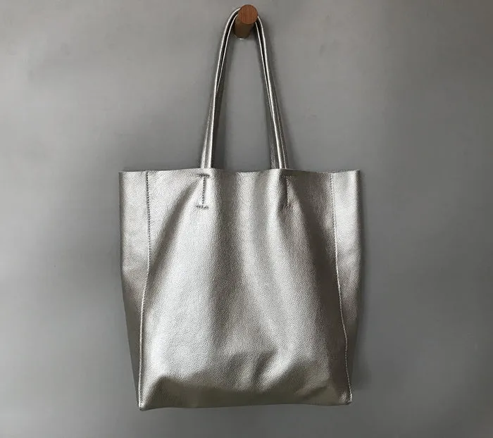 Fashion Womens Silver Leather Oversize Tote Bag Silver Shoulder Tote Bag Silver Handbag Tote For Women