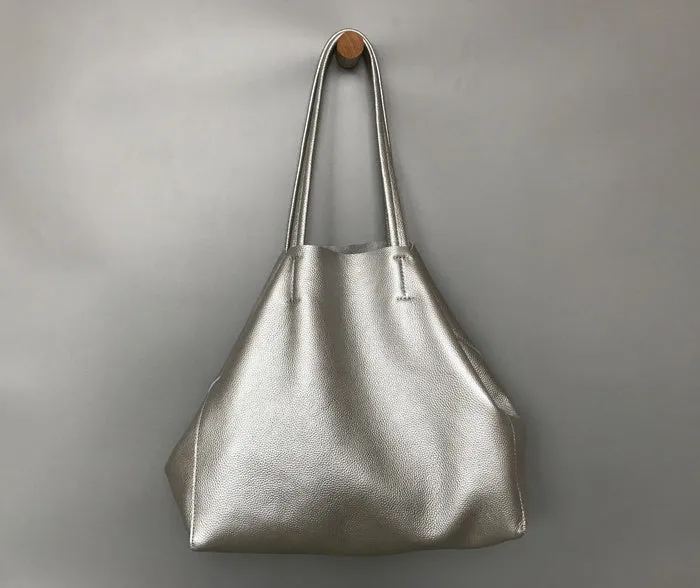 Fashion Womens Silver Leather Oversize Tote Bag Silver Shoulder Tote Bag Silver Handbag Tote For Women
