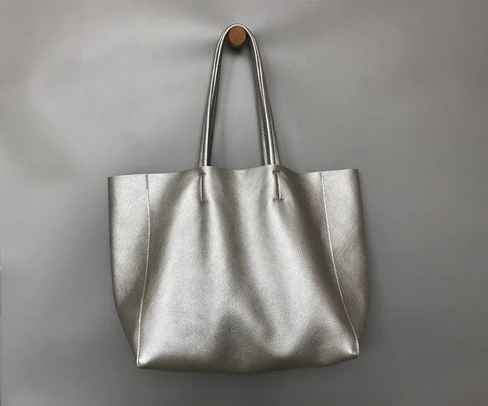 Fashion Womens Silver Leather Oversize Tote Bag Silver Shoulder Tote Bag Silver Handbag Tote For Women