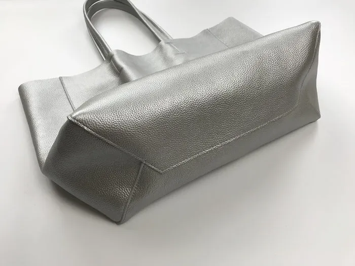 Fashion Womens Silver Leather Oversize Tote Bag Silver Shoulder Tote Bag Silver Handbag Tote For Women