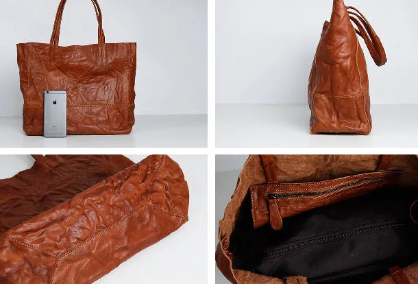 Genuine Leather Black Brown Handbag Large Tote Bag Wrinkled Shopper Bag Shoulder Bag Purse For Women