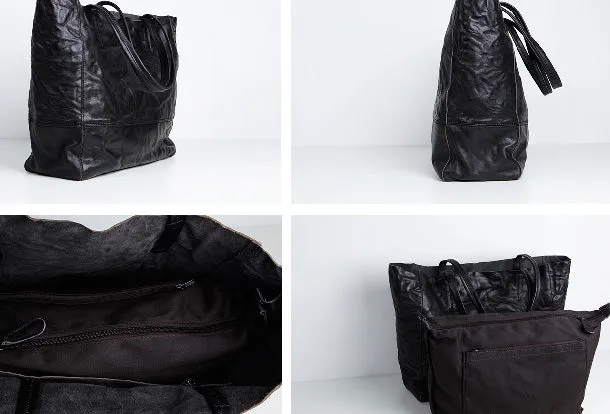 Genuine Leather Black Brown Handbag Large Tote Bag Wrinkled Shopper Bag Shoulder Bag Purse For Women