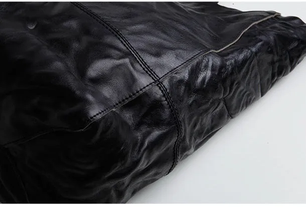 Genuine Leather Black Brown Handbag Large Tote Bag Wrinkled Shopper Bag Shoulder Bag Purse For Women