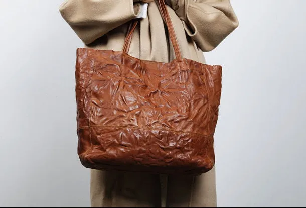Genuine Leather Black Brown Handbag Large Tote Bag Wrinkled Shopper Bag Shoulder Bag Purse For Women