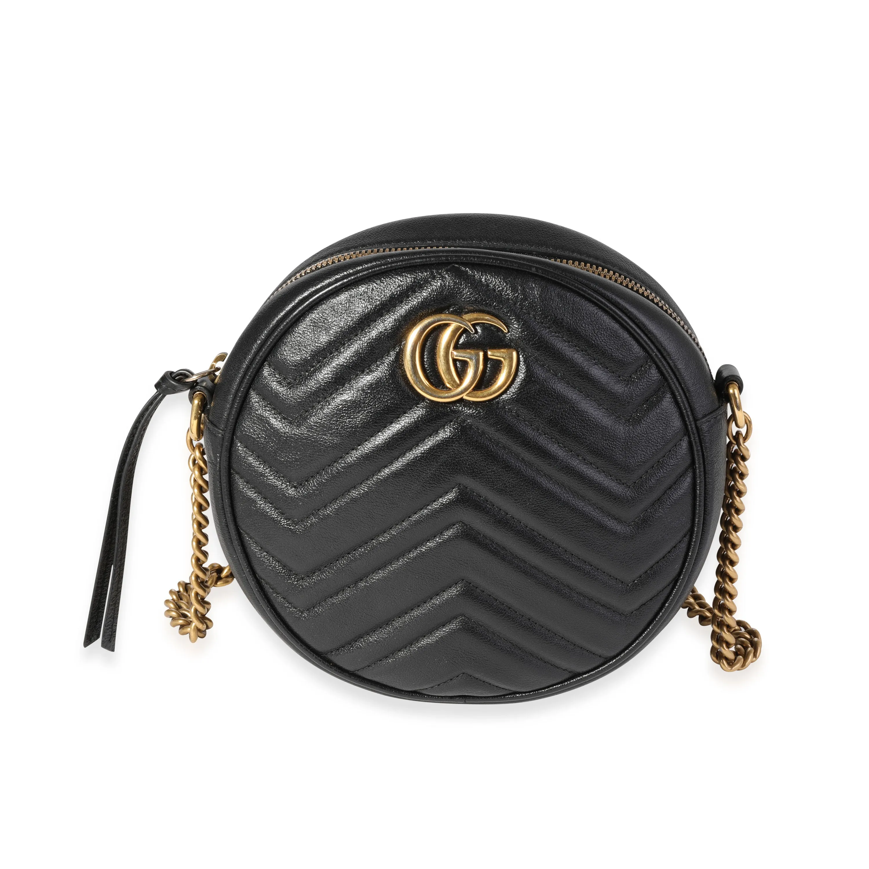 Gucci Black Matelass GG Marmont Mini Round Shoulder Bag