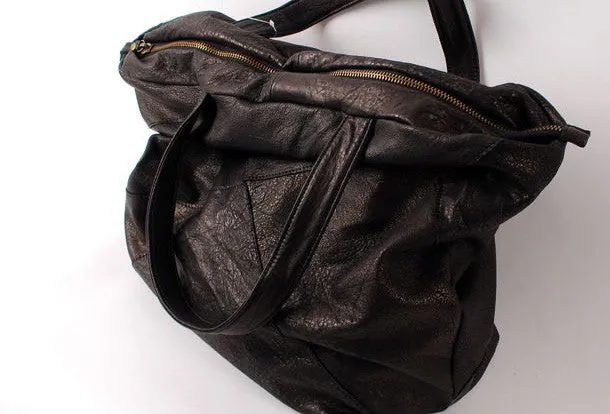 Handmade black fashion leather medium soft big tote bag shoulder bag handbag for women