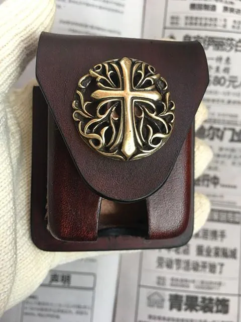Handmade Black Leather Mens Armor Zippo Lighter Case Zippo Lighter Holder with Belt Loop for Men