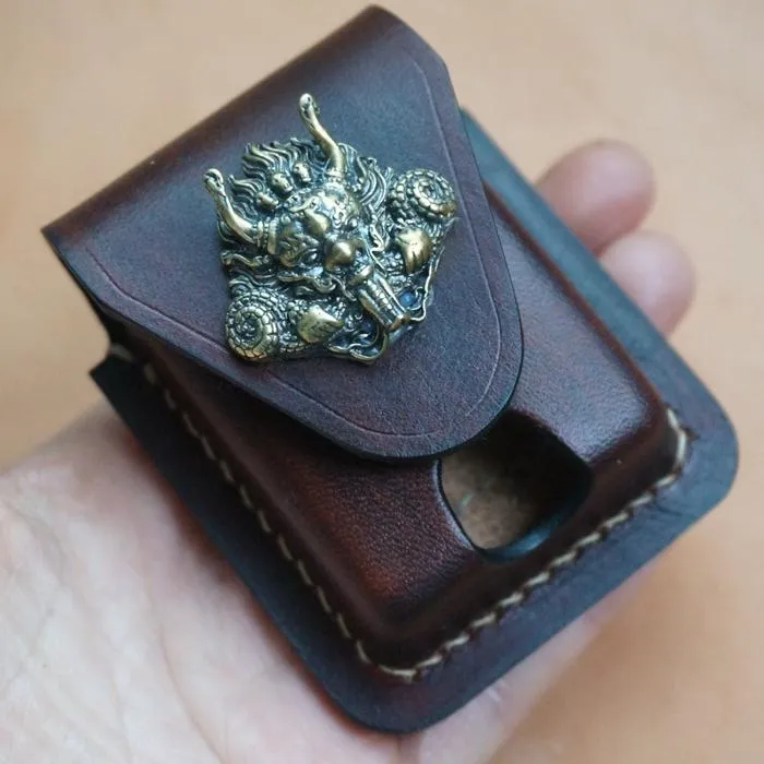 Handmade Black Leather Mens Armor Zippo Lighter Case Zippo Lighter Holder with Belt Loop for Men