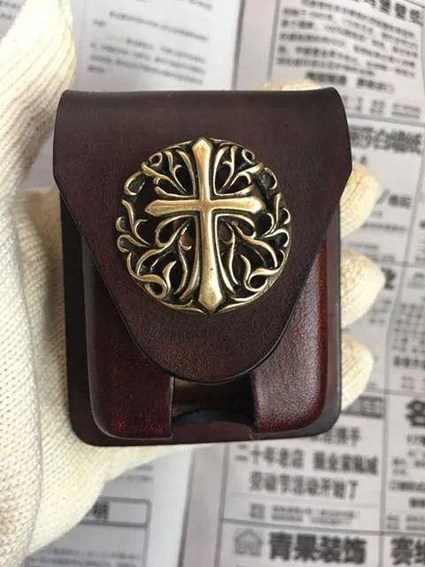 Handmade Black Leather Mens Armor Zippo Lighter Case Zippo Lighter Holder with Belt Loop for Men