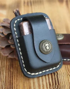 Handmade Black Leather Mens Classic Zippo Lighter Case Zippo Lighter Holder with Belt Clip