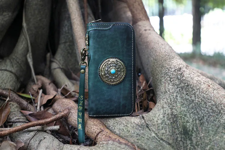 Handmade Tan Leather Tibetan Totem Long Wallet Cool Zipper Clutch Wristlet Wallet for Men