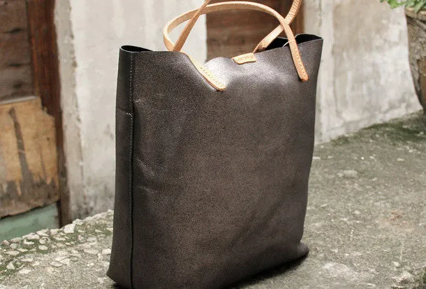 Handmade vintage Dark gray sliver leather normal tote bag shoulder bag handbag for women