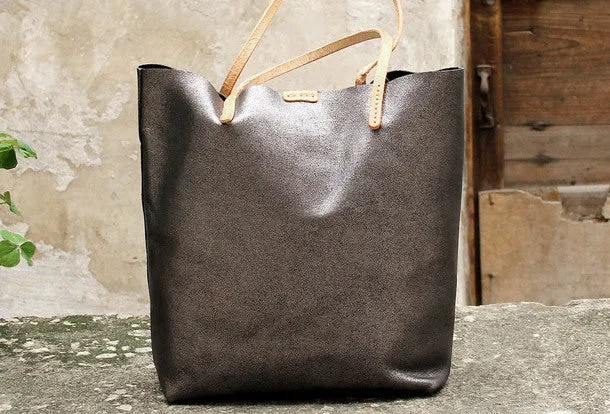 Handmade vintage Dark gray sliver leather normal tote bag shoulder bag handbag for women