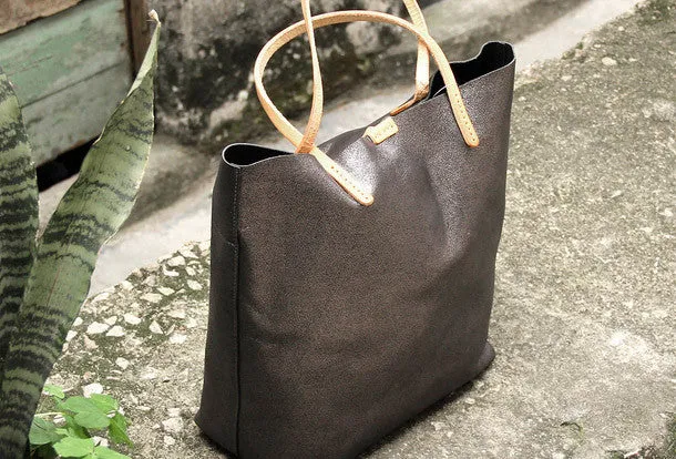 Handmade vintage Dark gray sliver leather normal tote bag shoulder bag handbag for women