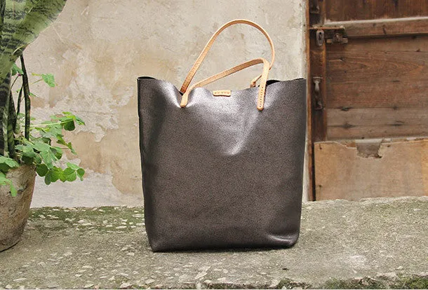 Handmade vintage Dark gray sliver leather normal tote bag shoulder bag handbag for women