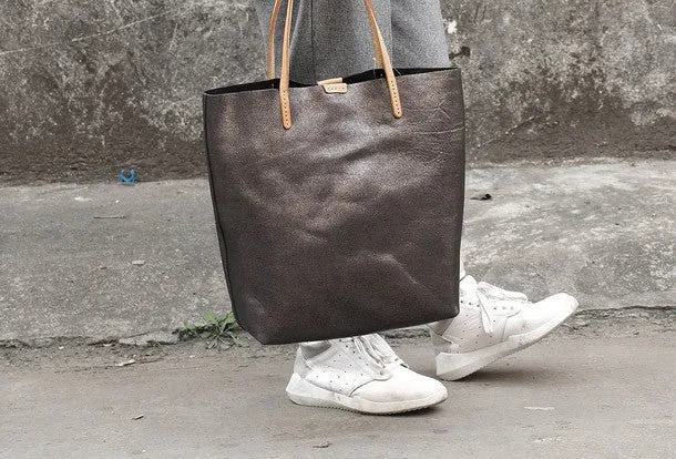Handmade vintage Dark gray sliver leather normal tote bag shoulder bag handbag for women