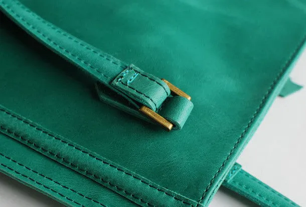 Handmade vintage modern green leather small tote shoulder bag handbag for women