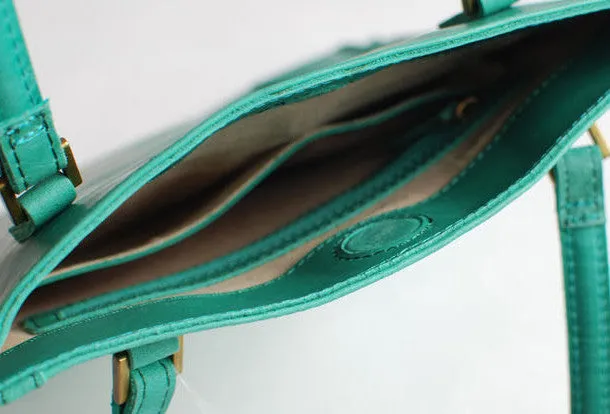 Handmade vintage modern green leather small tote shoulder bag handbag for women
