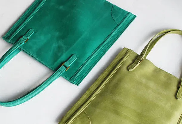 Handmade vintage modern green leather small tote shoulder bag handbag for women