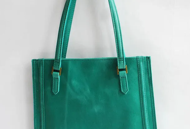 Handmade vintage modern green leather small tote shoulder bag handbag for women
