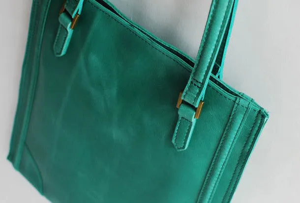 Handmade vintage modern green leather small tote shoulder bag handbag for women