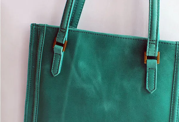Handmade vintage modern green leather small tote shoulder bag handbag for women