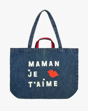 Jumbo Tote Handbags - Tote - Jumbo Tote Indigo Denim W/ Cream & Bright Poppy Maman Je T'aime