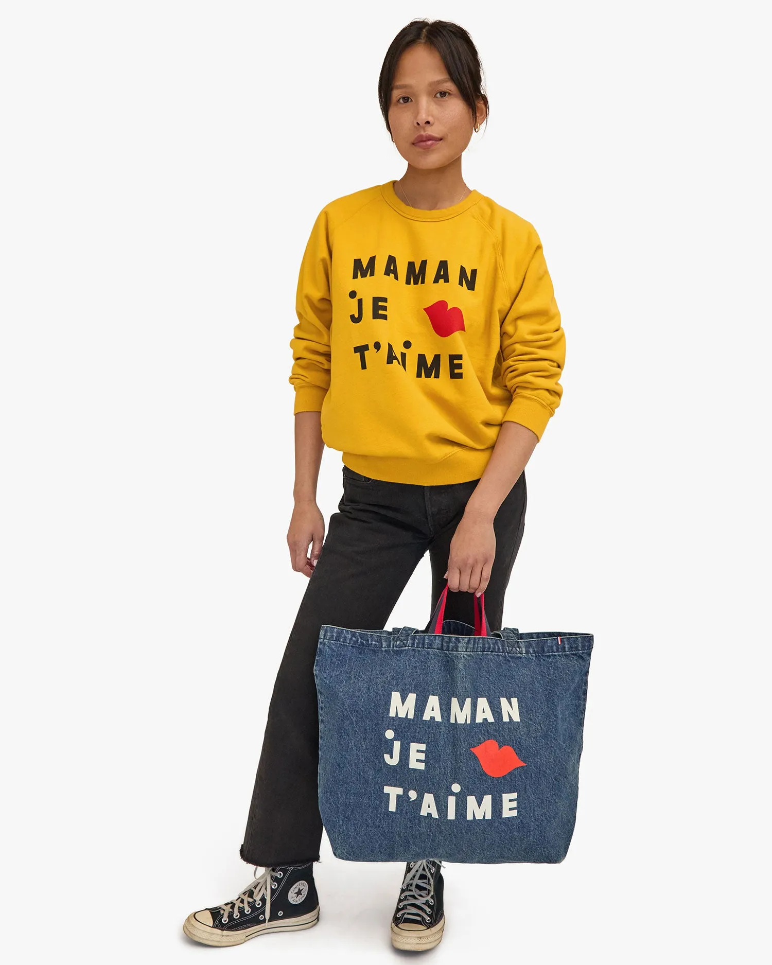 Jumbo Tote Handbags - Tote - Jumbo Tote Indigo Denim W/ Cream & Bright Poppy Maman Je T'aime