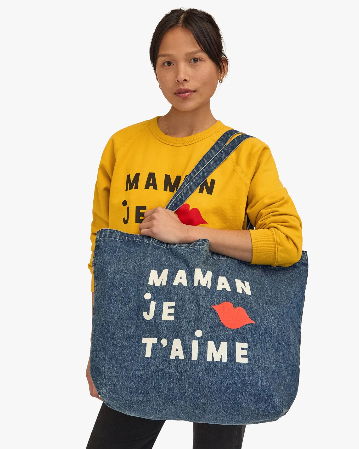 Jumbo Tote Handbags - Tote - Jumbo Tote Indigo Denim W/ Cream & Bright Poppy Maman Je T'aime
