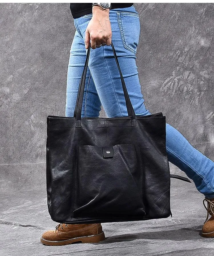 Leather Mens Womens 15" Large Shoulder Bag Black Tote Bag Large Side Bag Handbag For Men