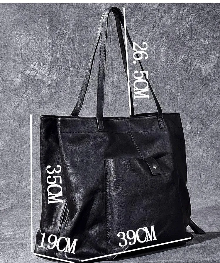 Leather Mens Womens 15" Large Shoulder Bag Black Tote Bag Large Side Bag Handbag For Men