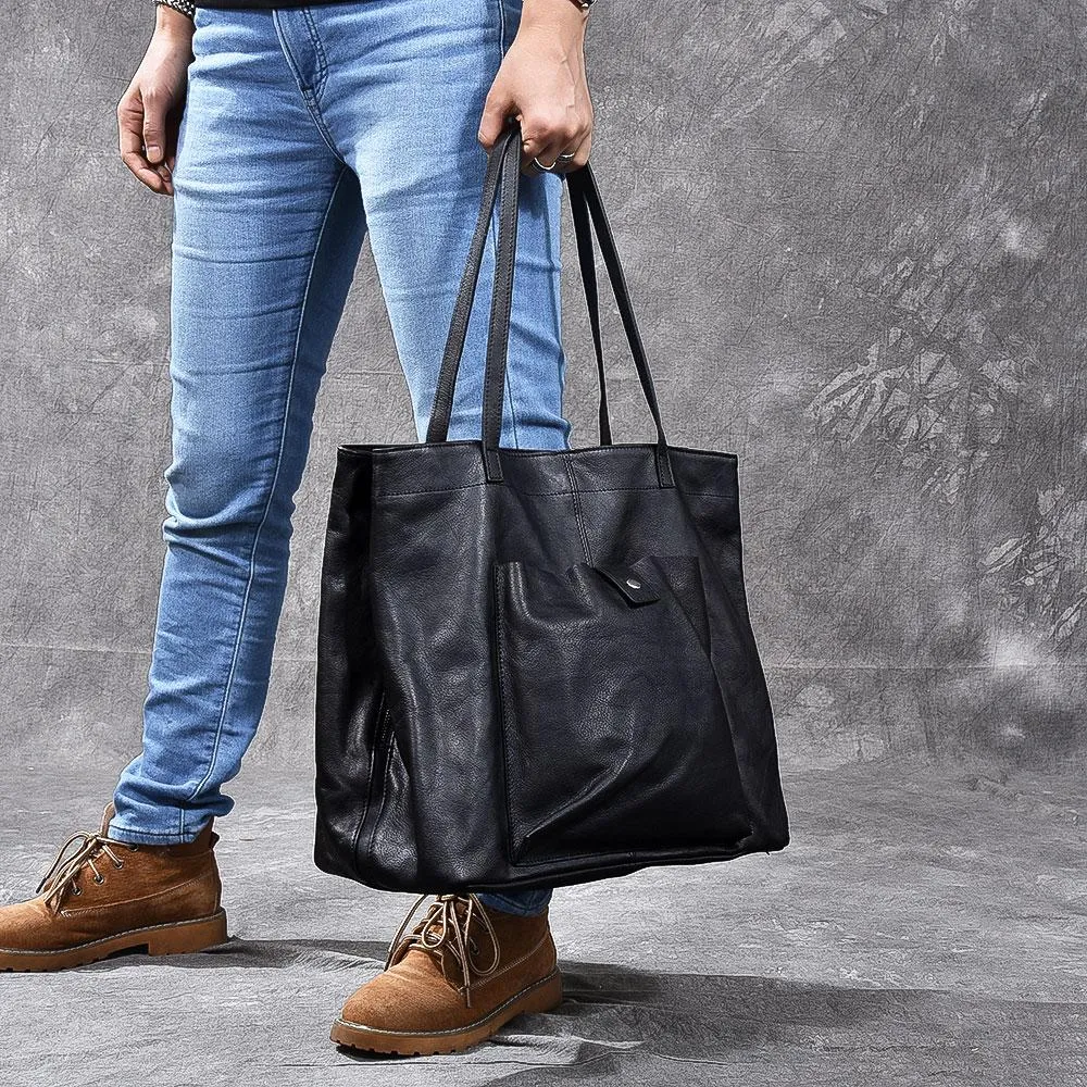 Leather Mens Womens 15" Large Shoulder Bag Black Tote Bag Large Side Bag Handbag For Men