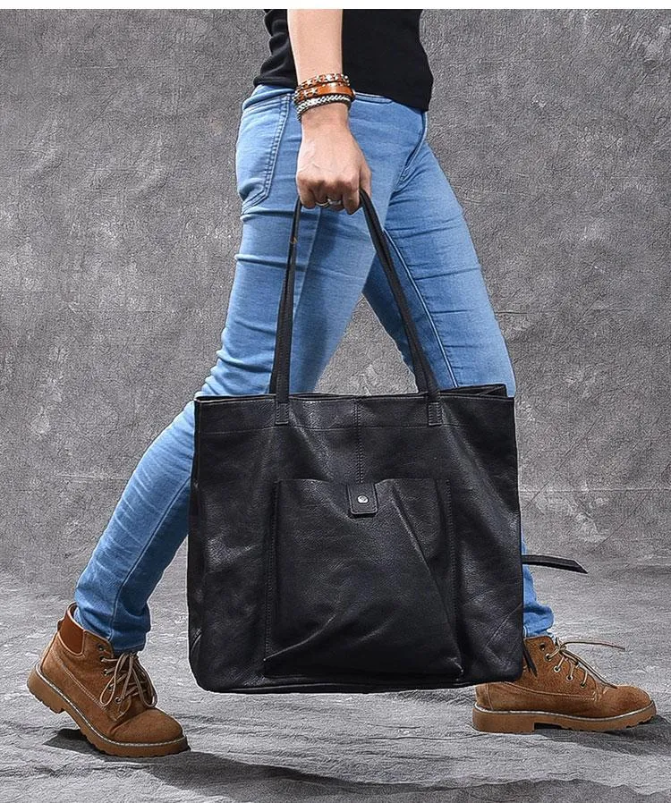 Leather Mens Womens 15" Large Shoulder Bag Black Tote Bag Large Side Bag Handbag For Men
