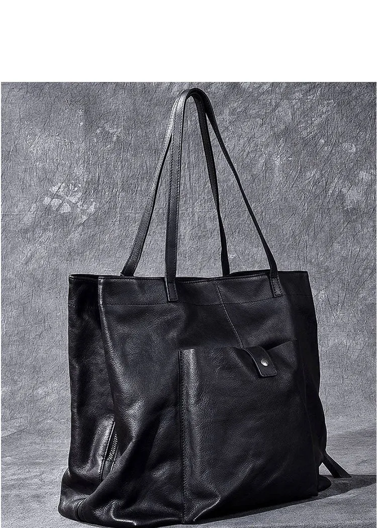 Leather Mens Womens 15" Large Shoulder Bag Black Tote Bag Large Side Bag Handbag For Men