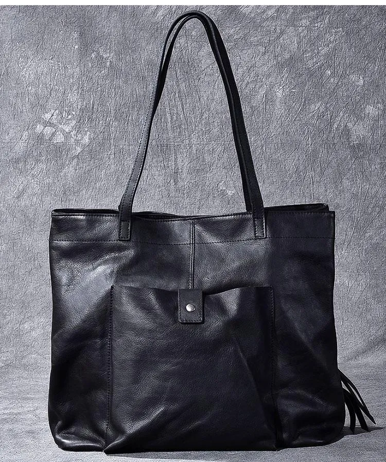 Leather Mens Womens 15" Large Shoulder Bag Black Tote Bag Large Side Bag Handbag For Men