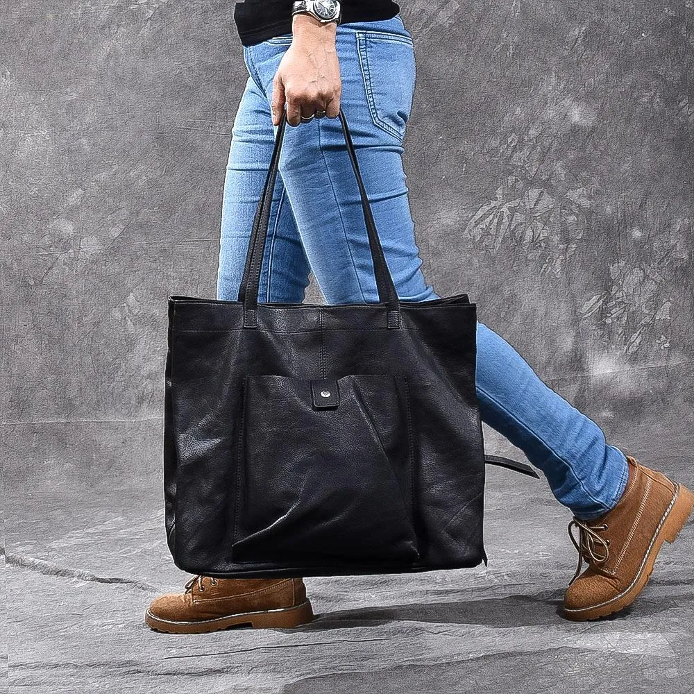 Leather Mens Womens 15" Large Shoulder Bag Black Tote Bag Large Side Bag Handbag For Men