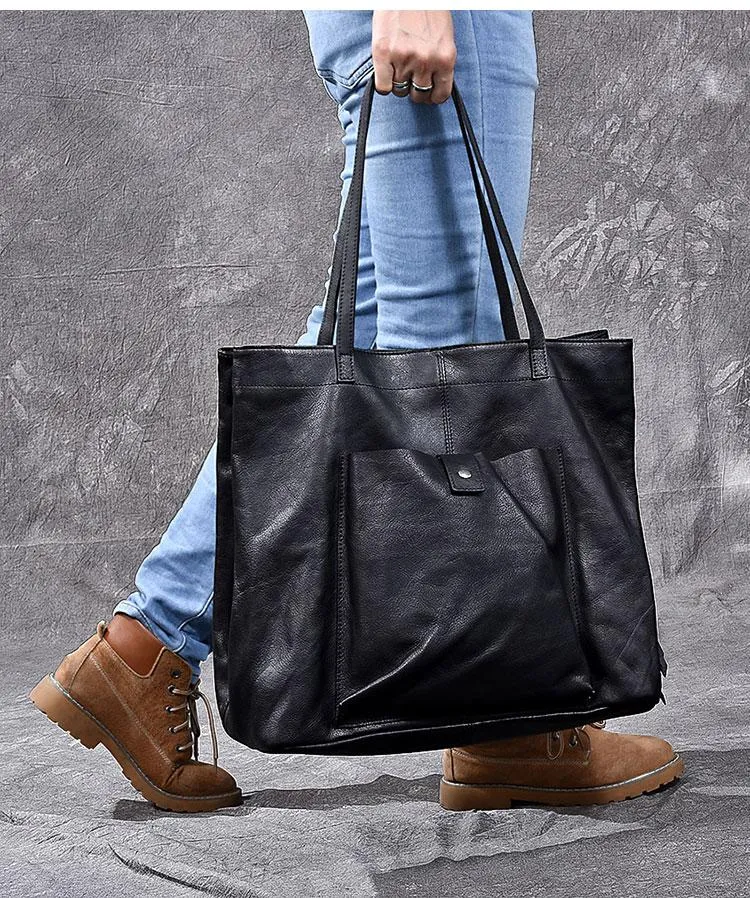 Leather Mens Womens 15" Large Shoulder Bag Black Tote Bag Large Side Bag Handbag For Men