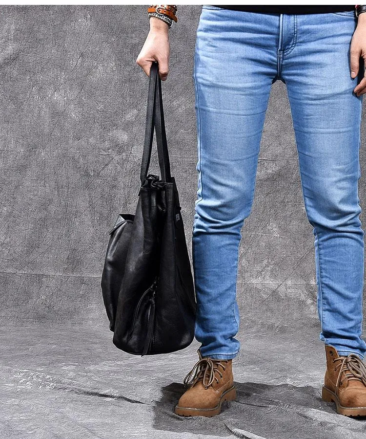 Leather Mens Womens 15" Large Shoulder Bag Black Tote Bag Large Side Bag Handbag For Men