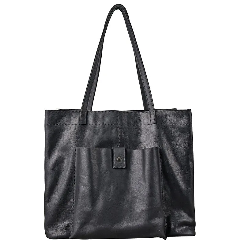Leather Mens Womens 15" Large Shoulder Bag Black Tote Bag Large Side Bag Handbag For Men