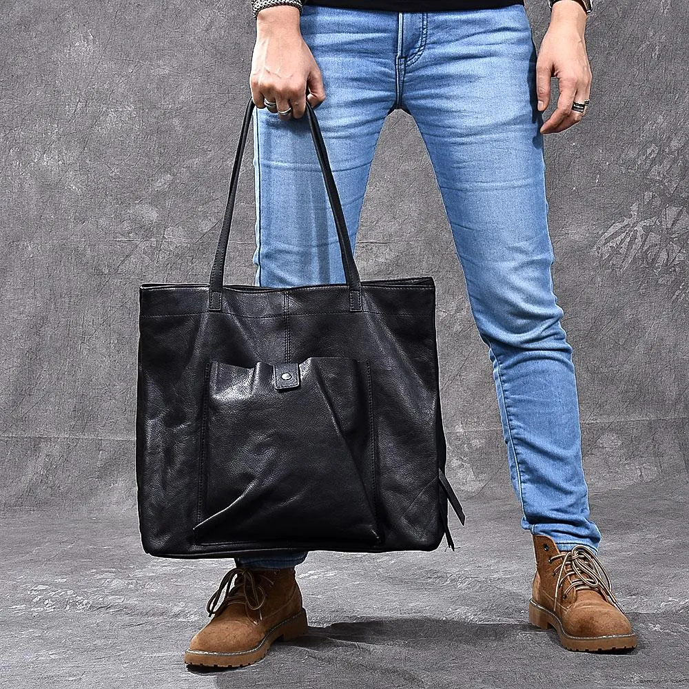 Leather Mens Womens 15" Large Shoulder Bag Black Tote Bag Large Side Bag Handbag For Men