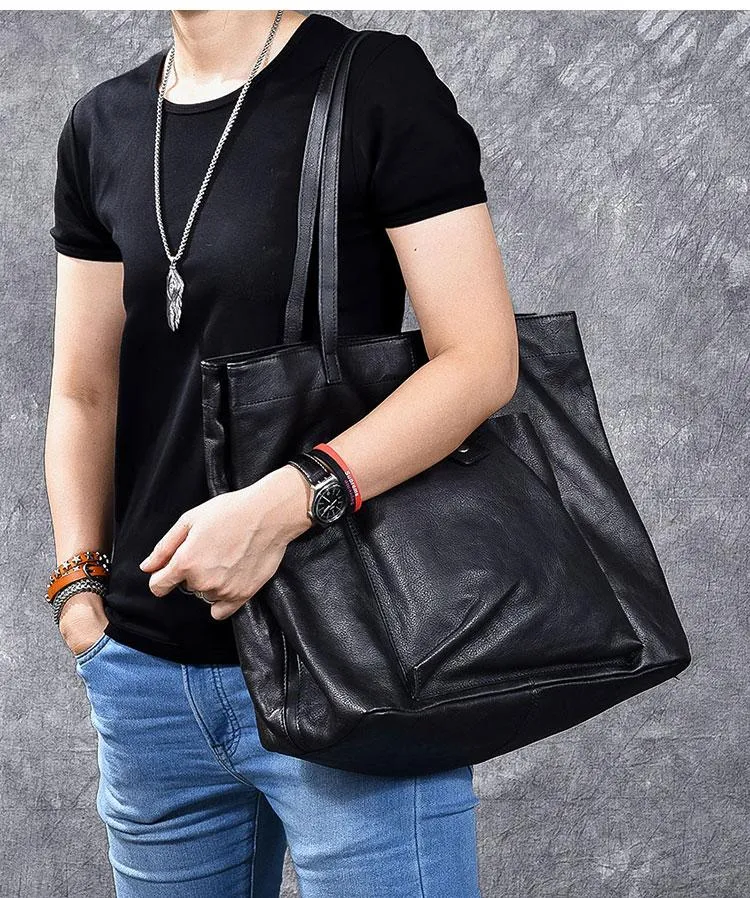 Leather Mens Womens 15" Large Shoulder Bag Black Tote Bag Large Side Bag Handbag For Men