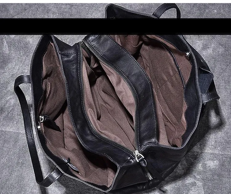 Leather Mens Womens 15" Large Shoulder Bag Black Tote Bag Large Side Bag Handbag For Men