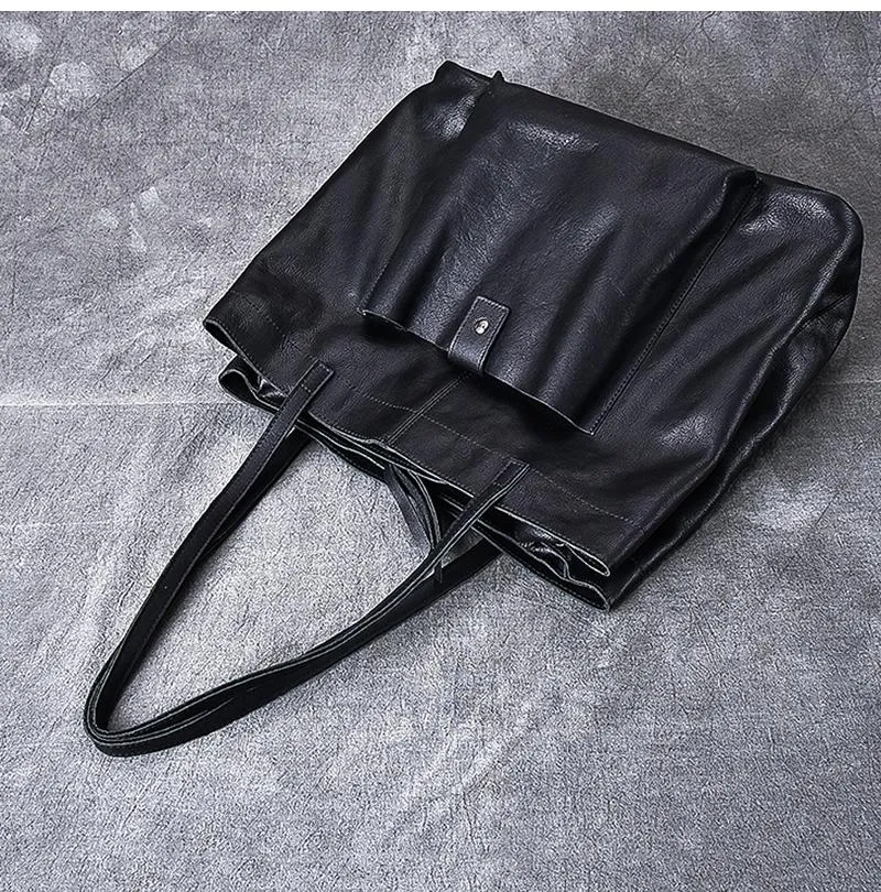 Leather Mens Womens 15" Large Shoulder Bag Black Tote Bag Large Side Bag Handbag For Men