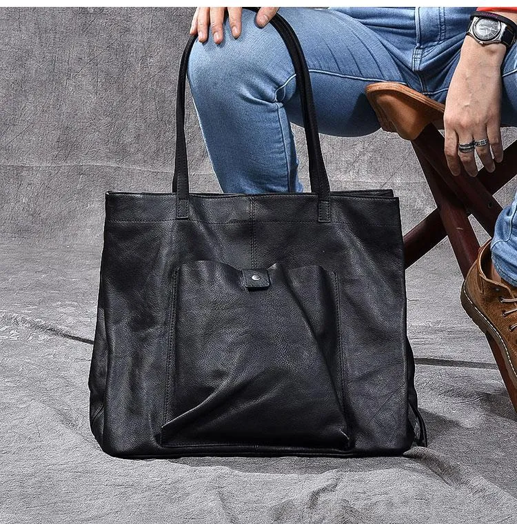 Leather Mens Womens 15" Large Shoulder Bag Black Tote Bag Large Side Bag Handbag For Men