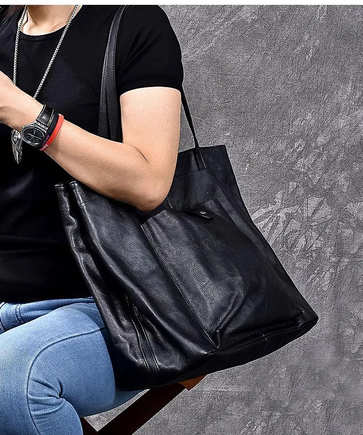 Leather Mens Womens 15" Large Shoulder Bag Black Tote Bag Large Side Bag Handbag For Men