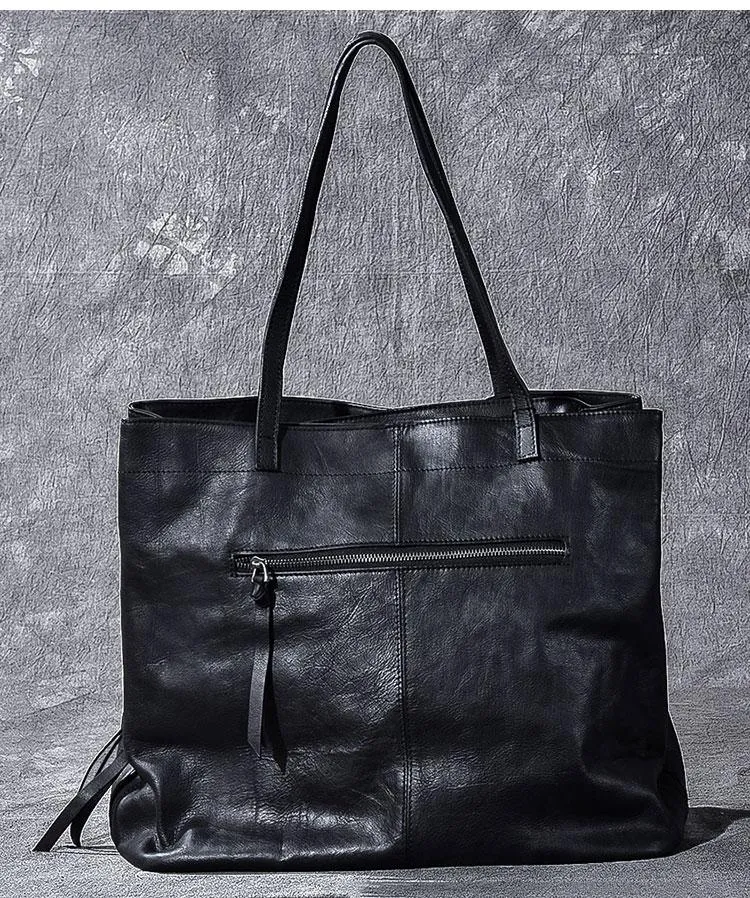 Leather Mens Womens 15" Large Shoulder Bag Black Tote Bag Large Side Bag Handbag For Men