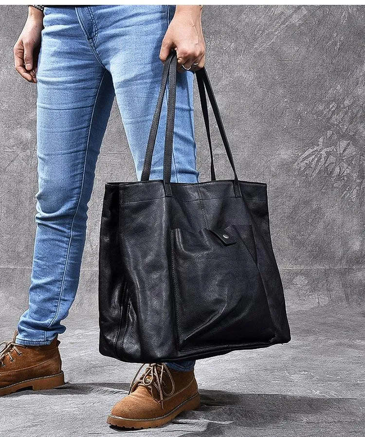 Leather Mens Womens 15" Large Shoulder Bag Black Tote Bag Large Side Bag Handbag For Men
