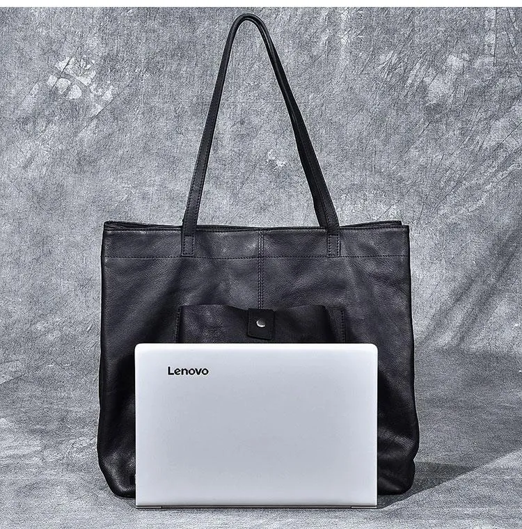 Leather Mens Womens 15" Large Shoulder Bag Black Tote Bag Large Side Bag Handbag For Men