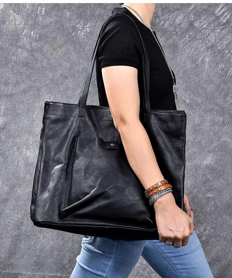 Leather Mens Womens 15" Large Shoulder Bag Black Tote Bag Large Side Bag Handbag For Men